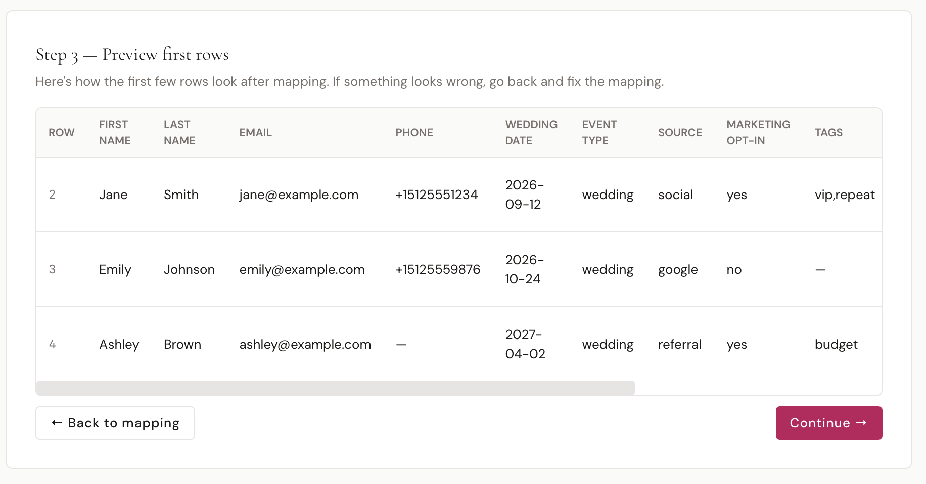 Preview rows