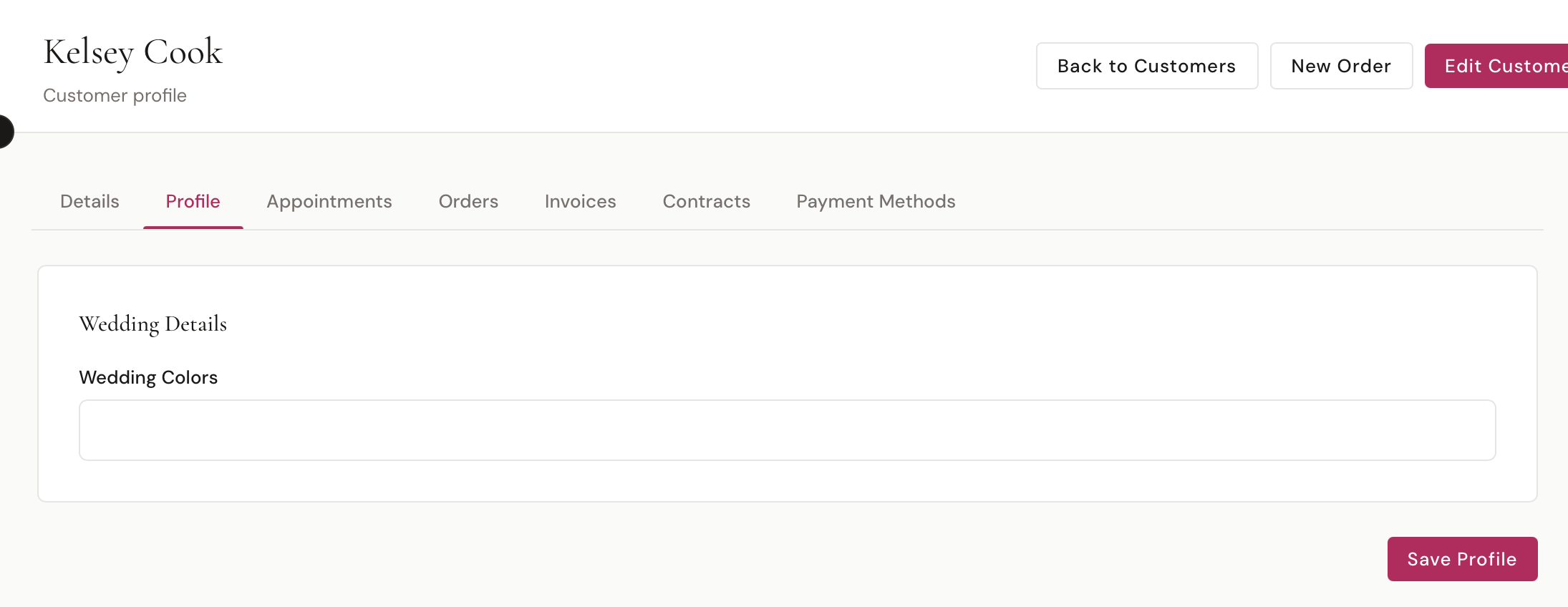 Customer Profile tab with custom fields