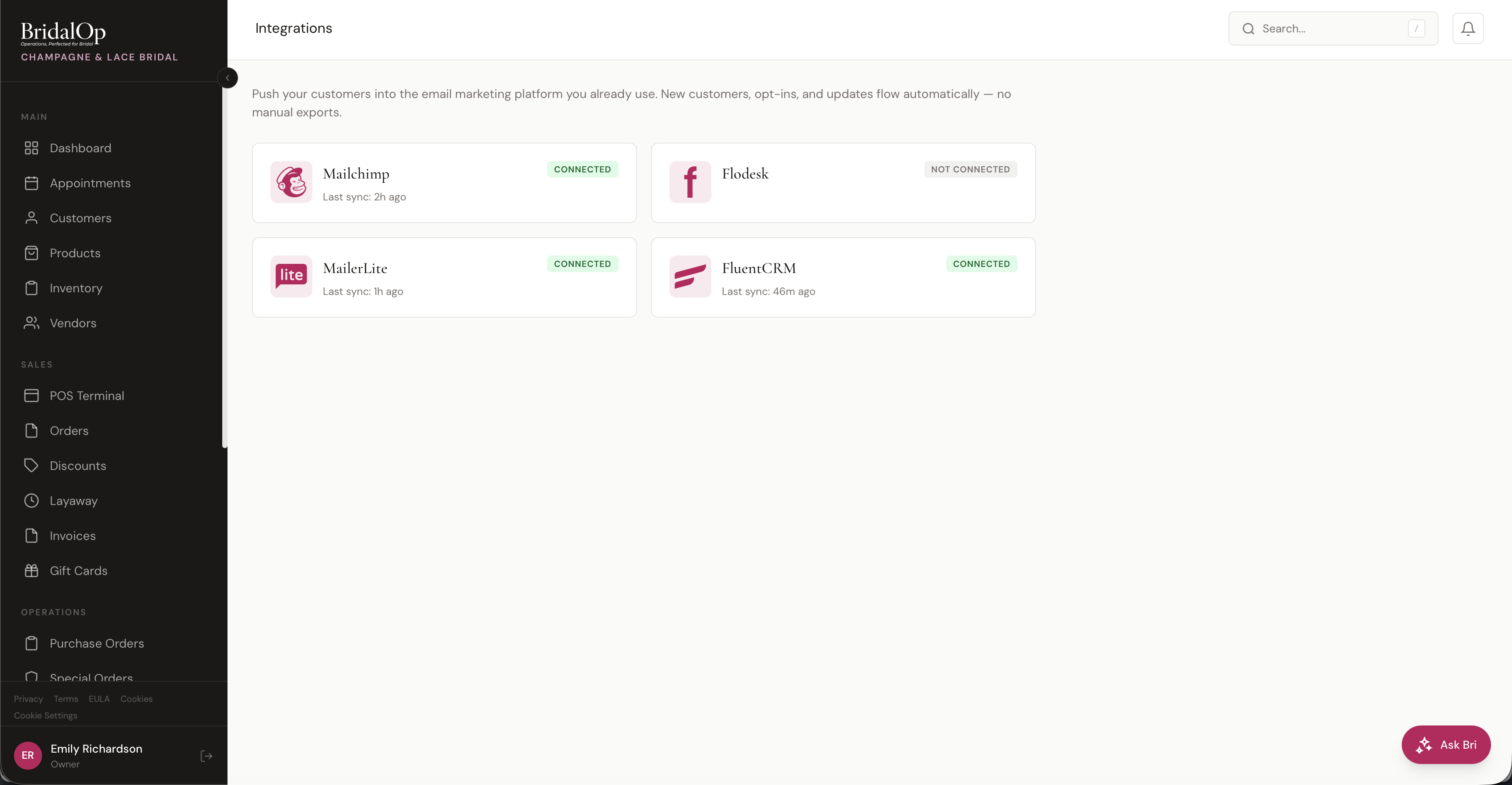 Email Marketing integrations page
