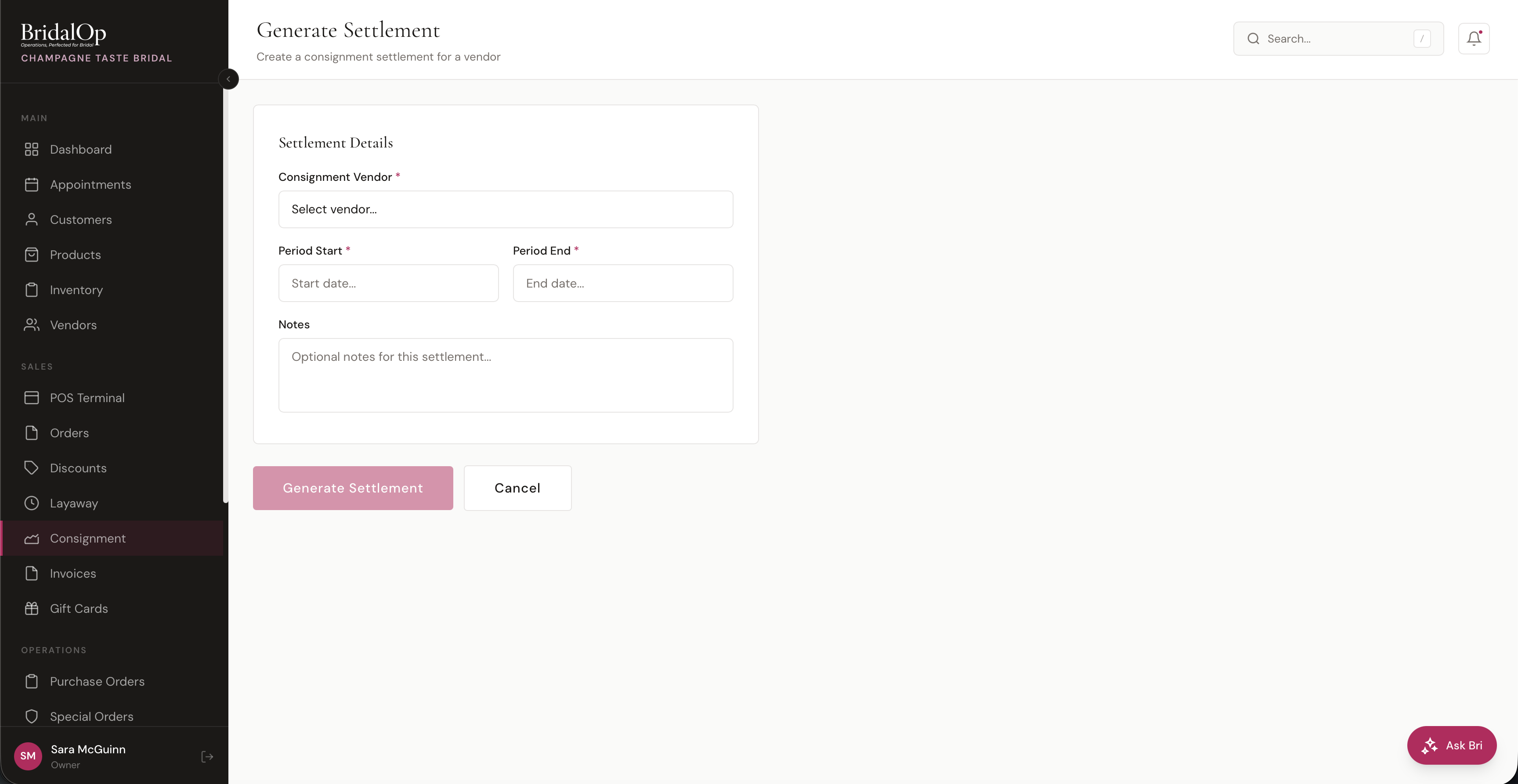 Generate Settlement form