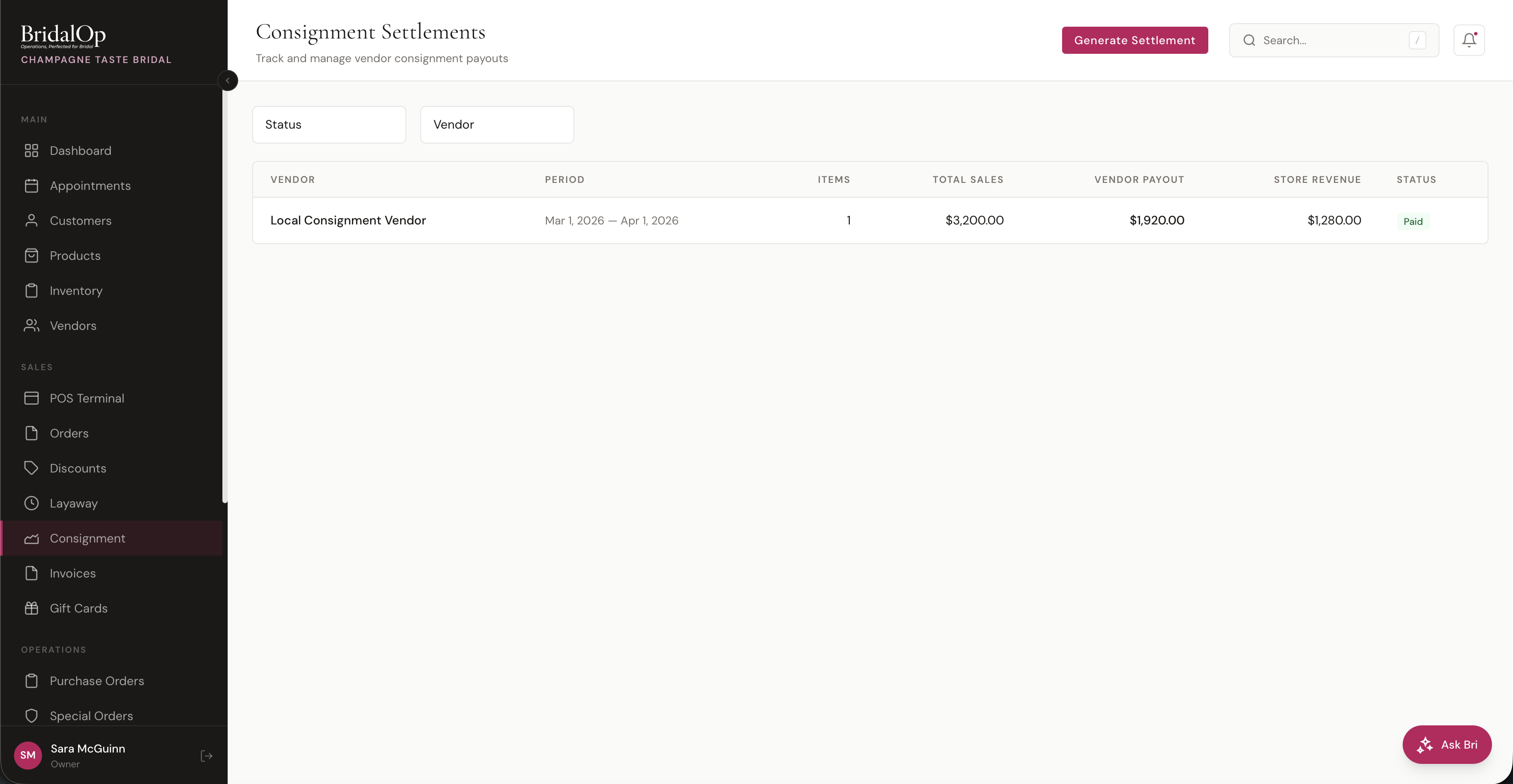 Consignment Settlements list