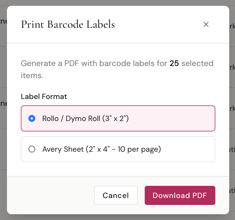 Print barcode labels modal