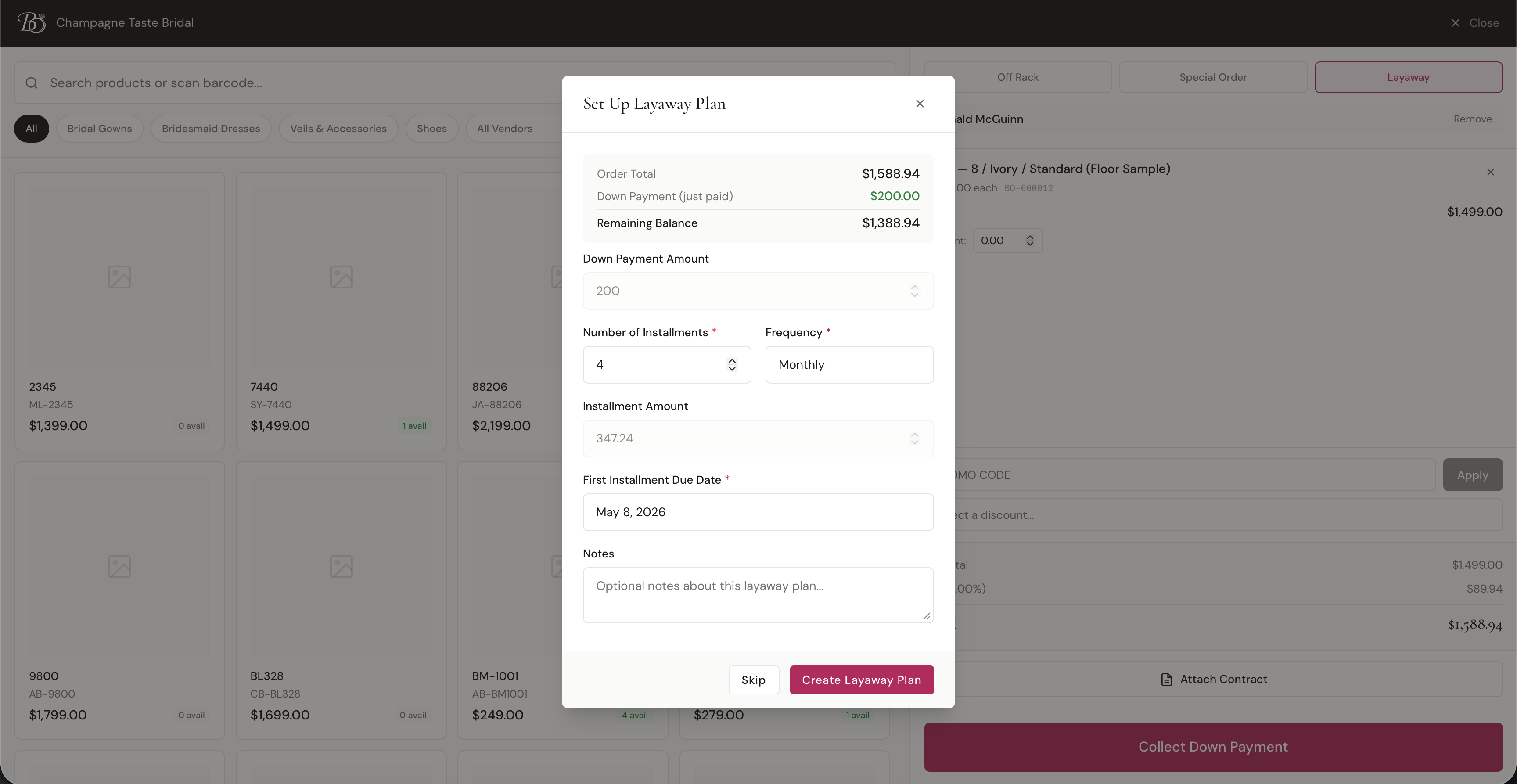 Set Up Layaway Plan modal