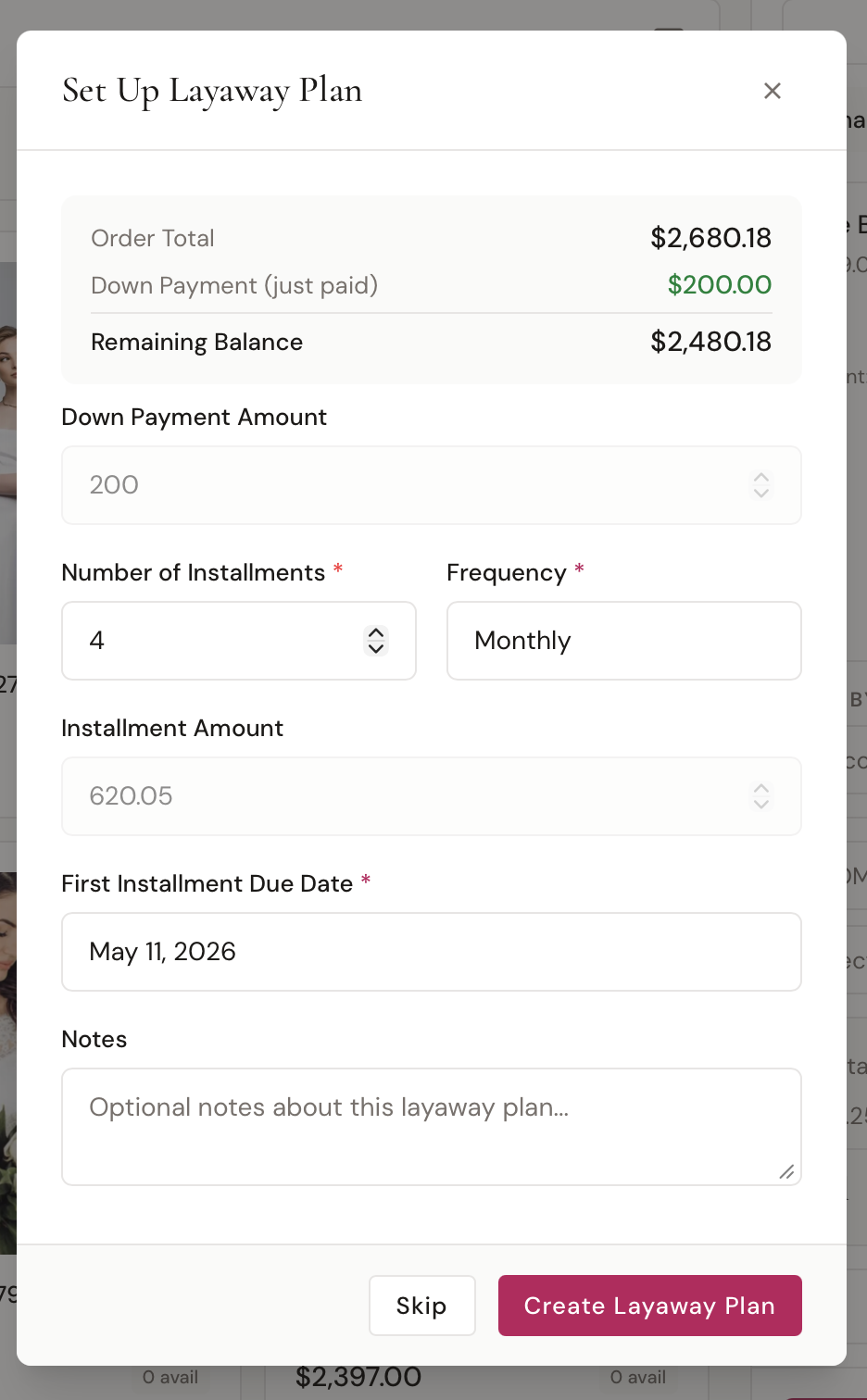 Set up layaway plan