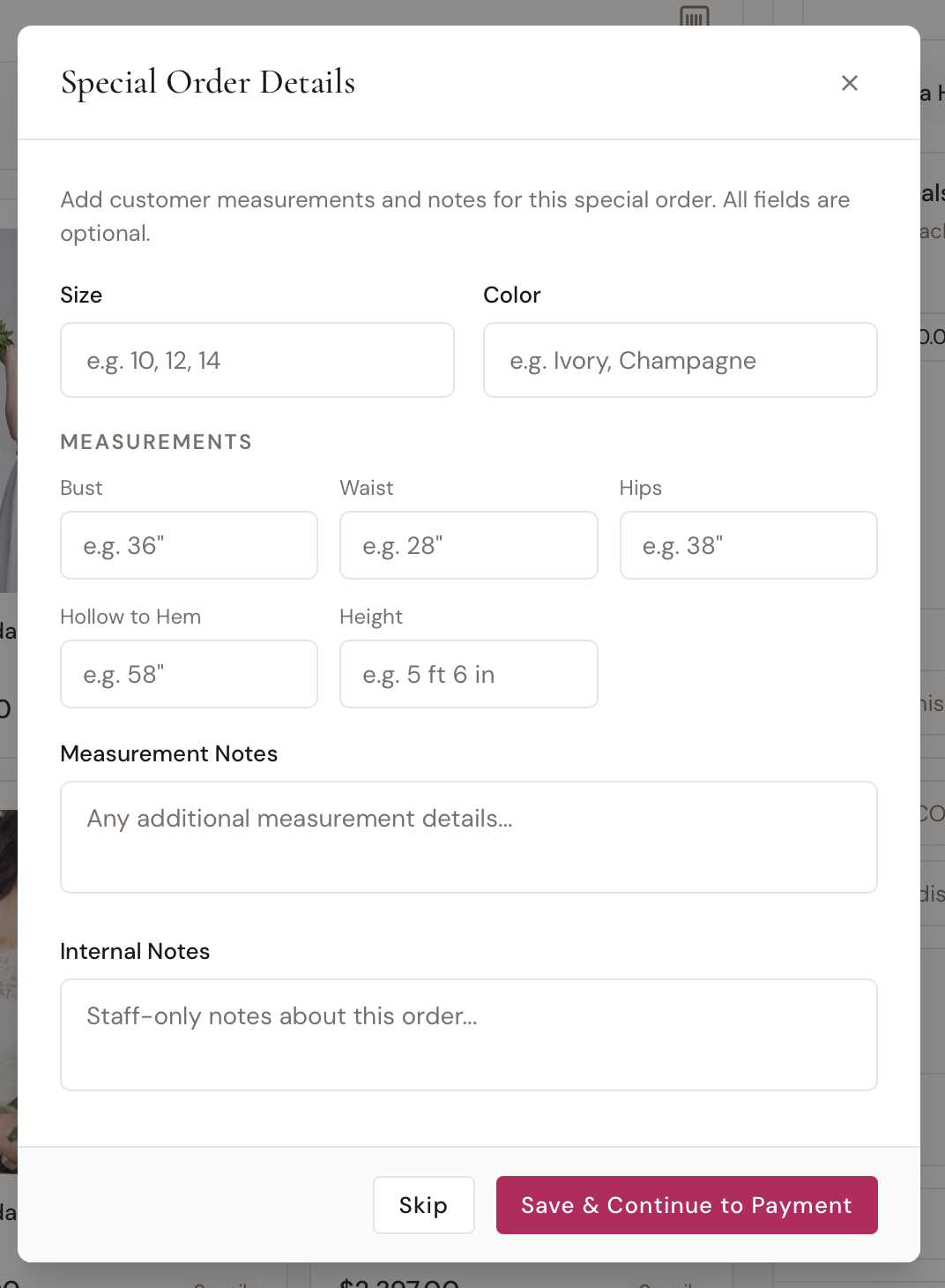 Special order details modal