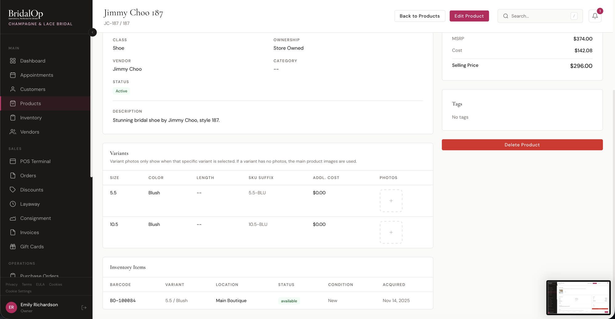 Product detail — variants and inventory