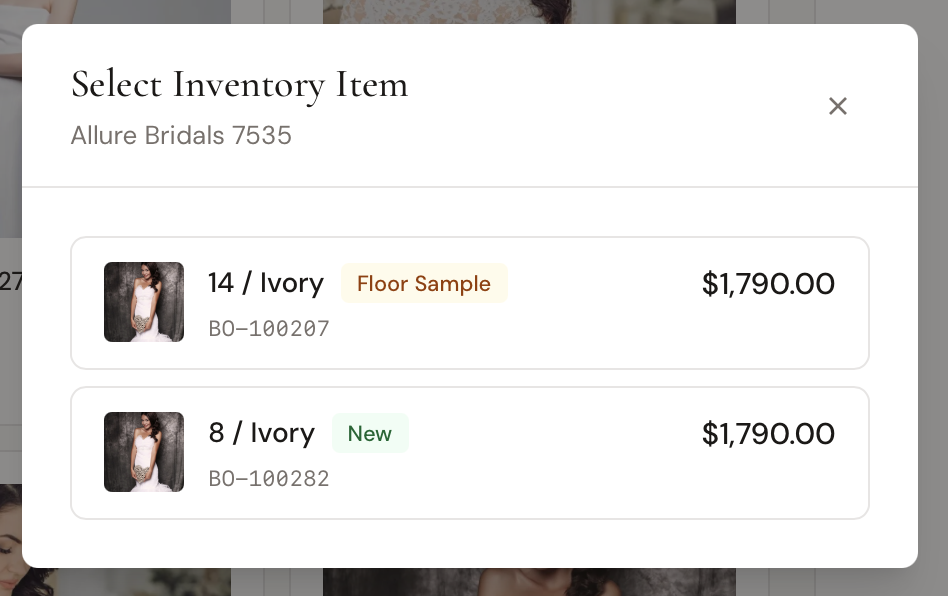 Select Inventory Item modal