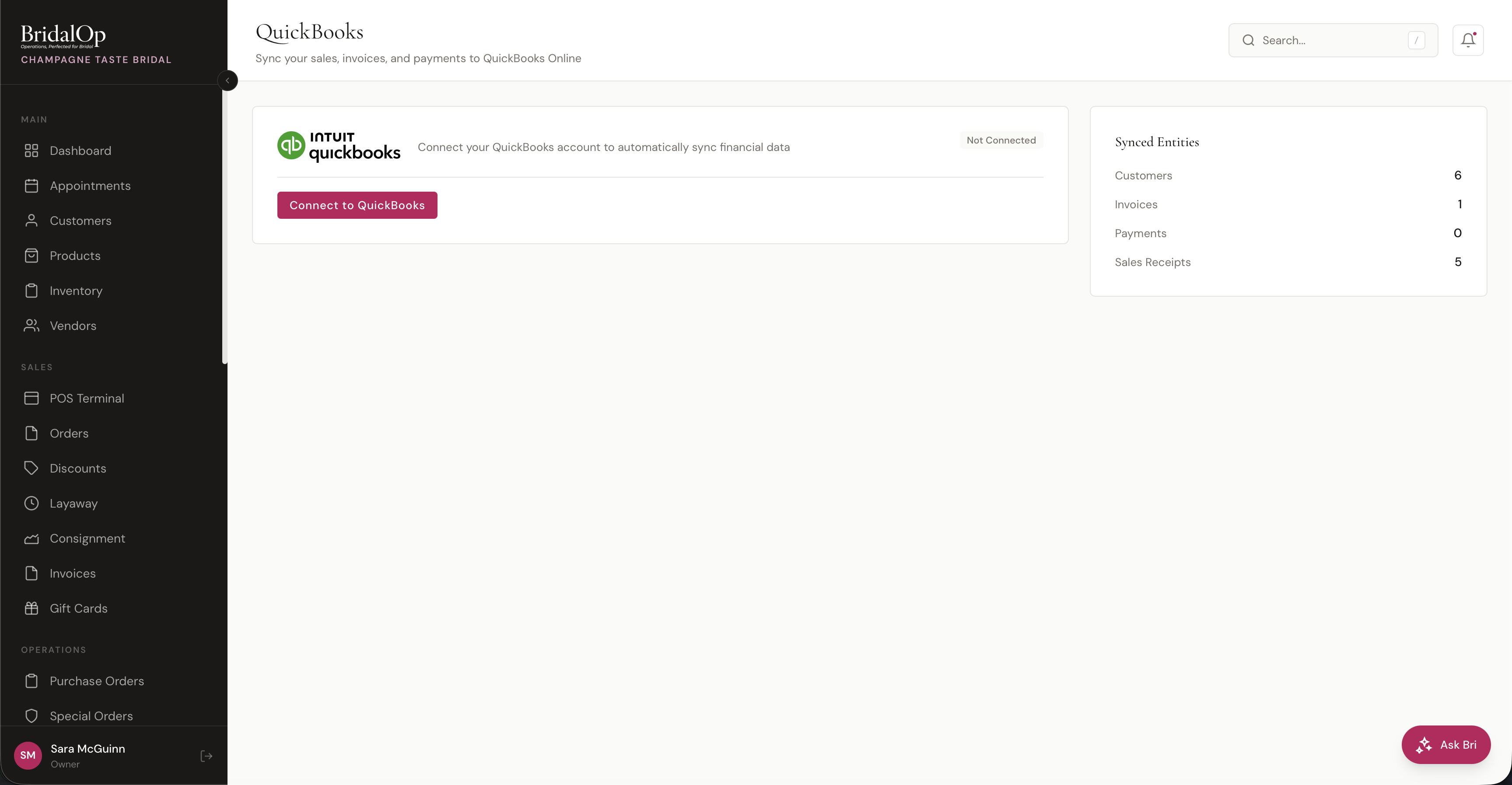 QuickBooks connection page