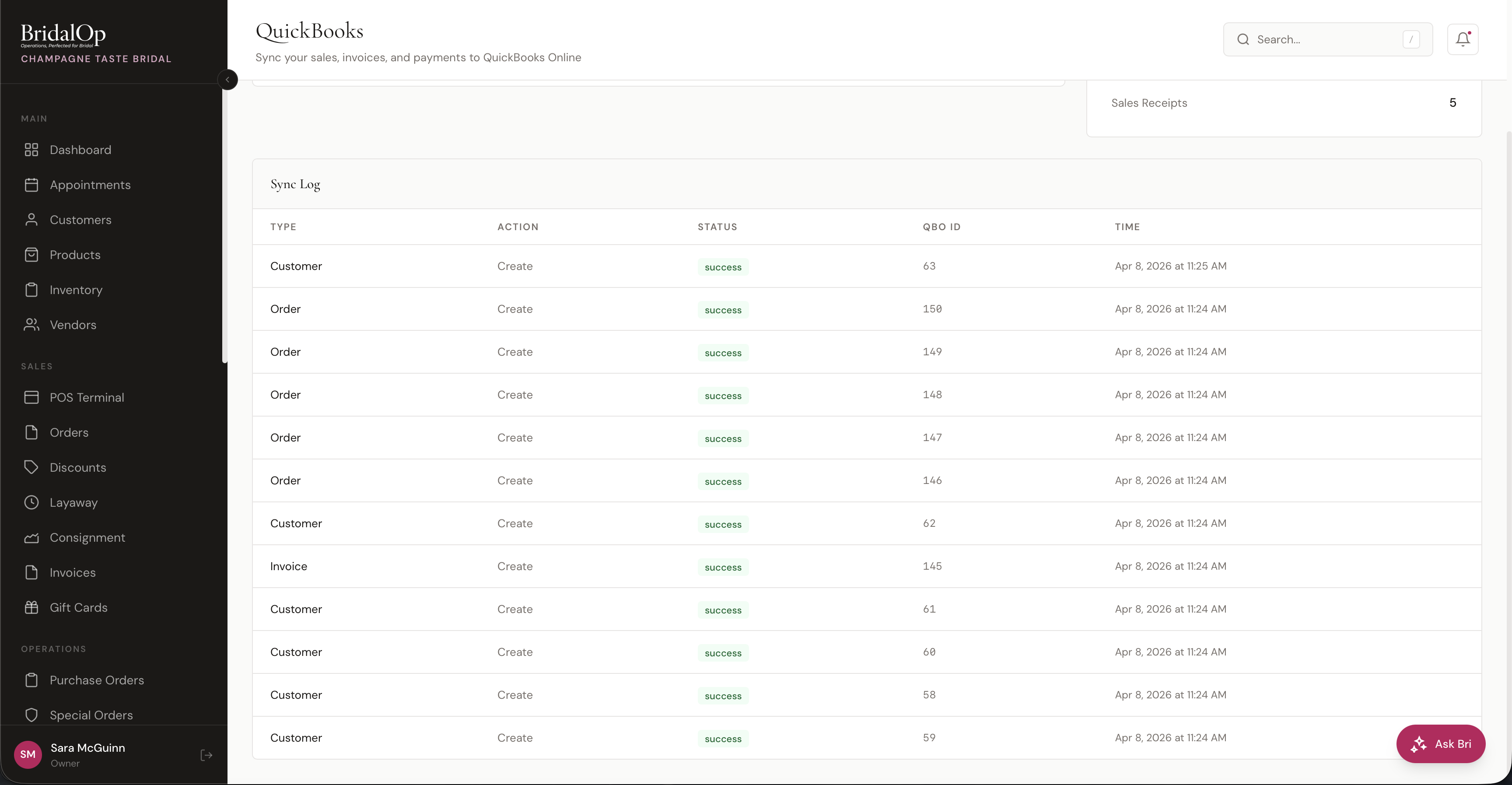 QuickBooks sync log