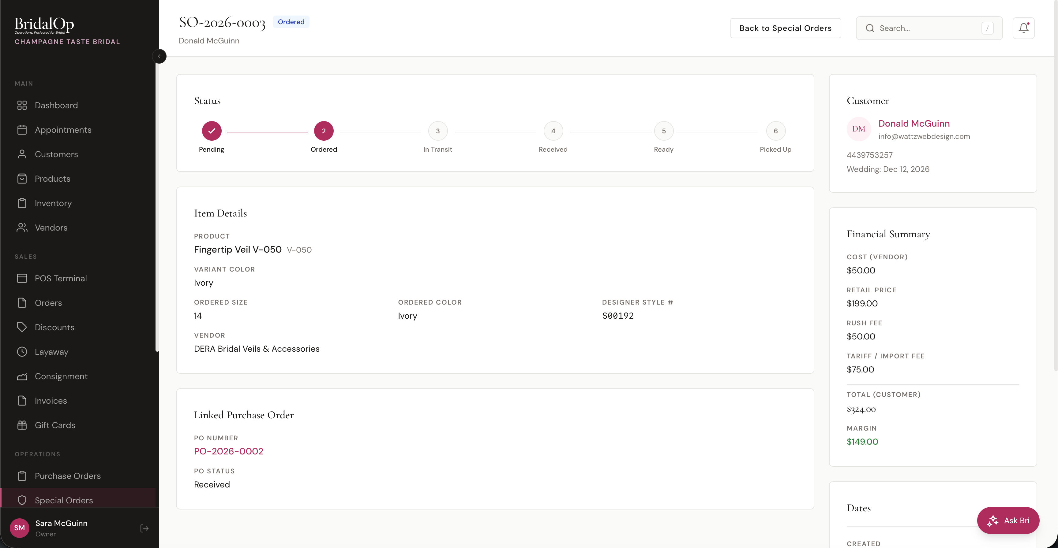 Special Order detail page