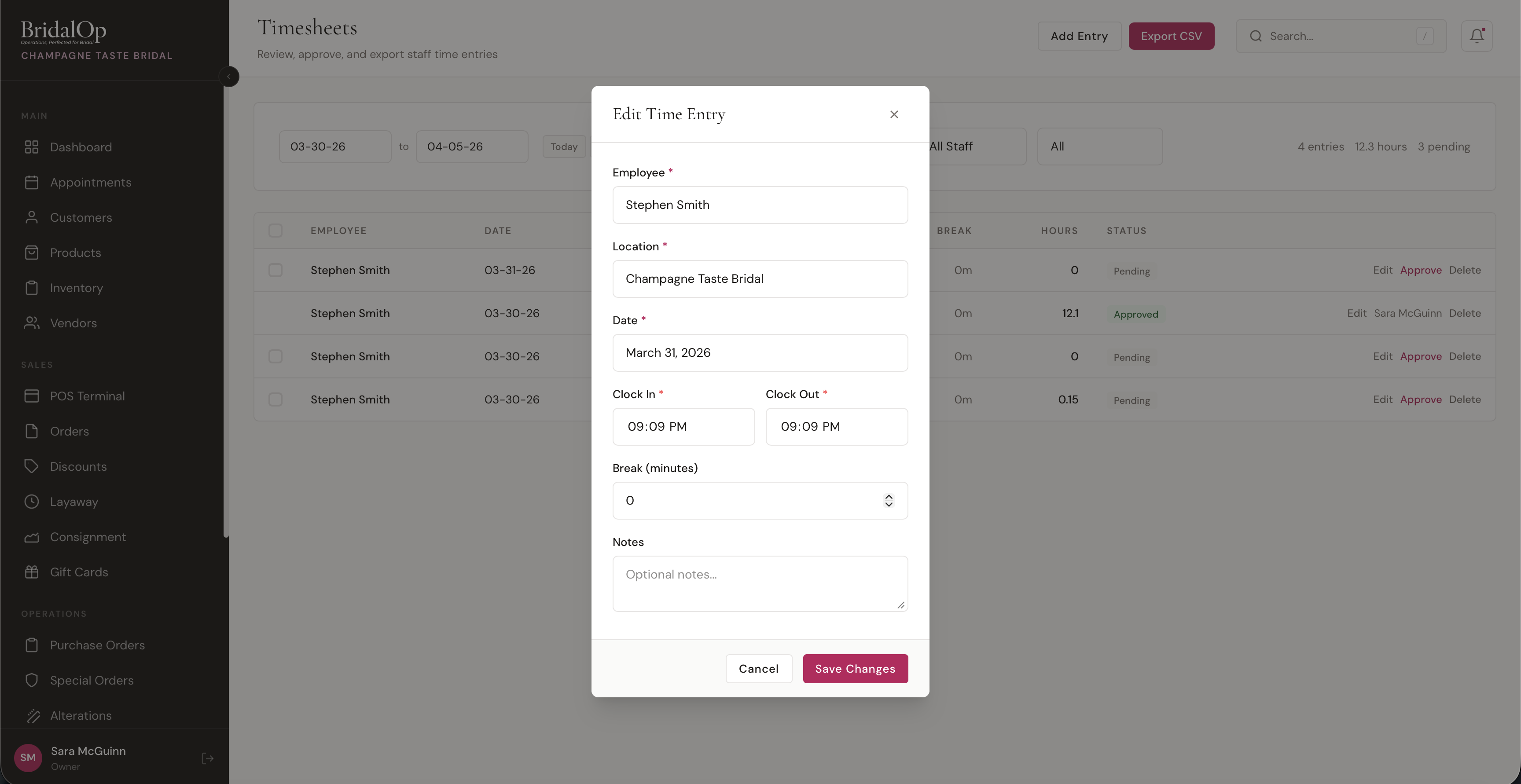 Edit Time Entry modal