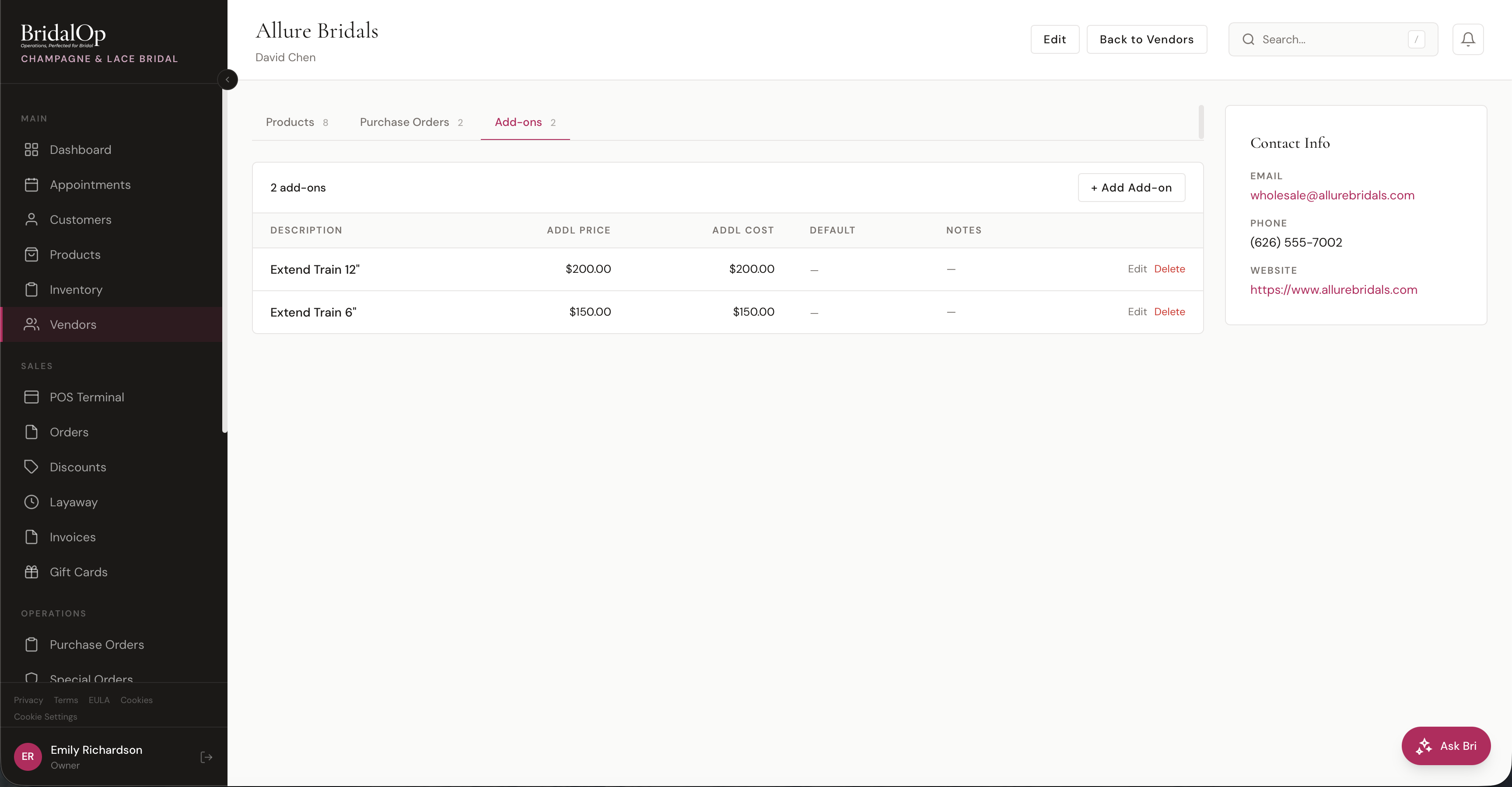 Vendor Add-ons tab