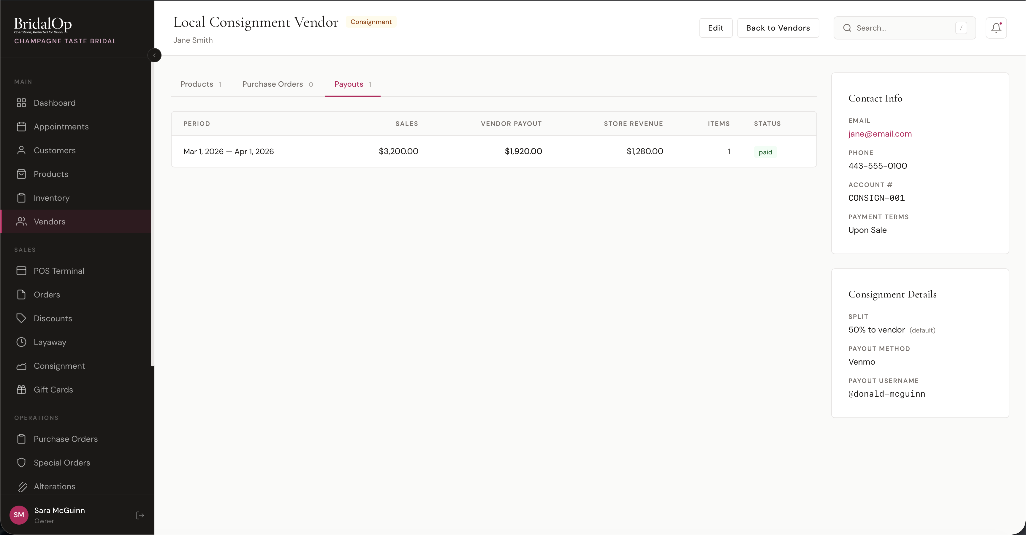 Consignment vendor profile