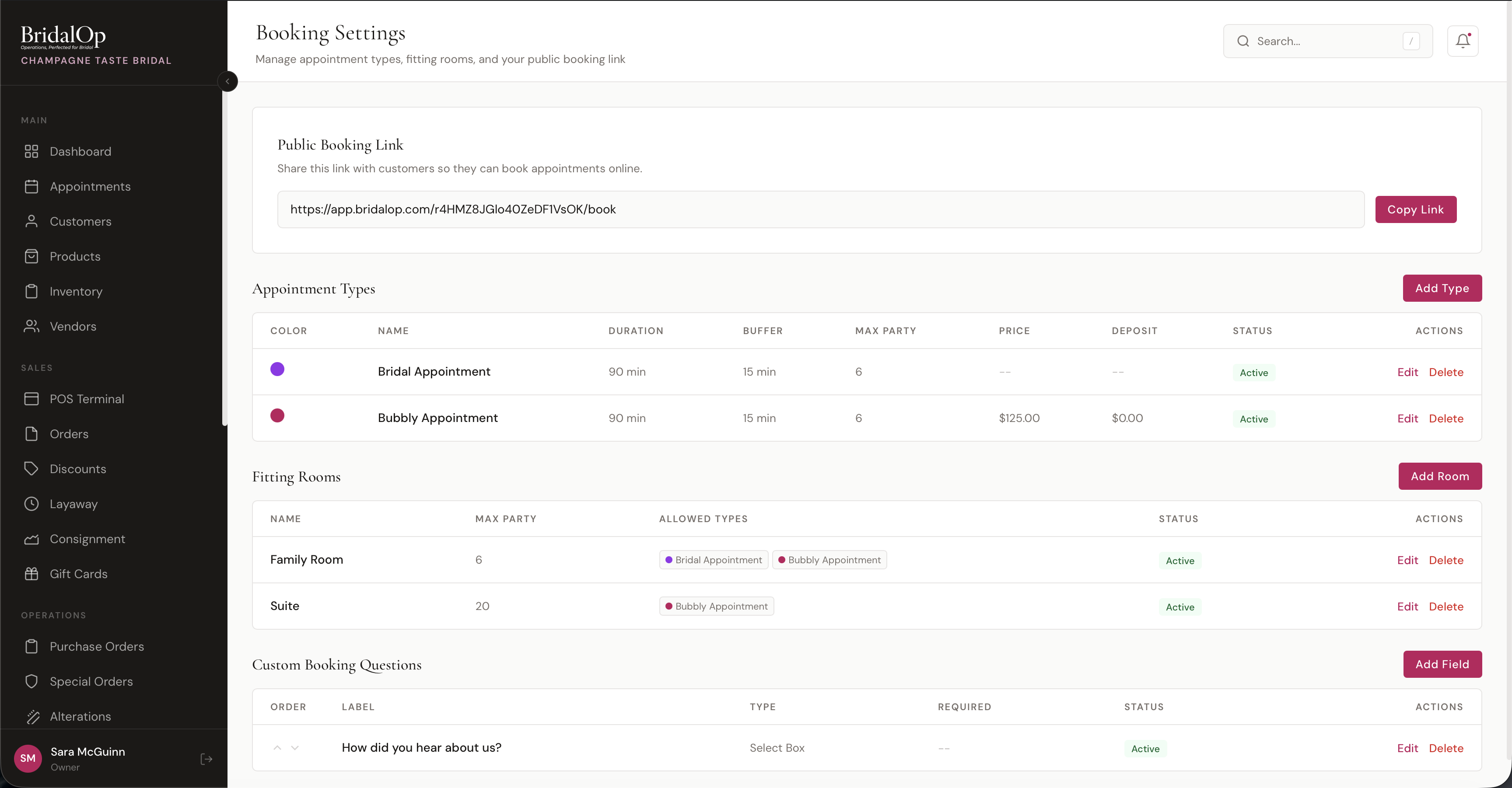 Booking Settings page