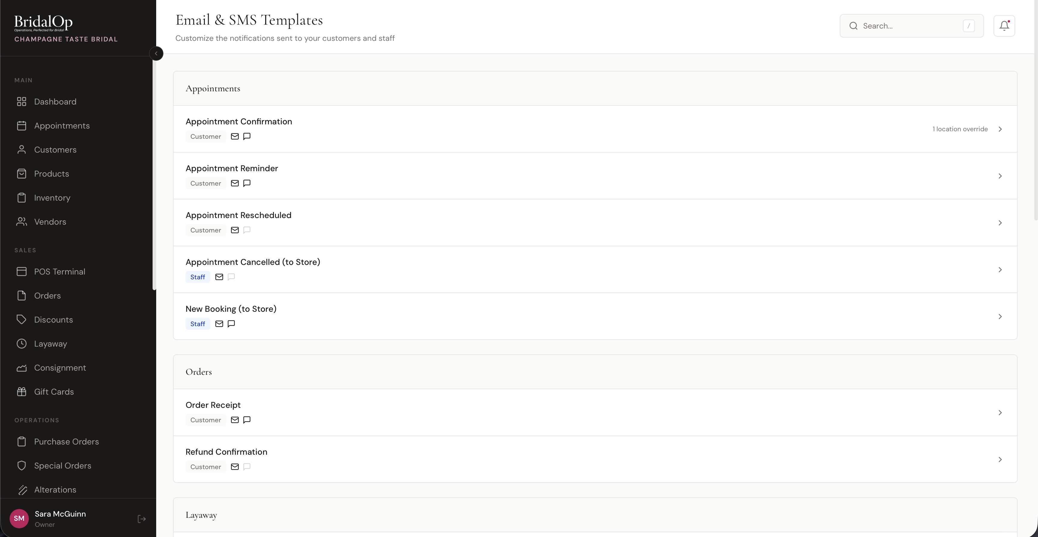 Email & SMS Templates list